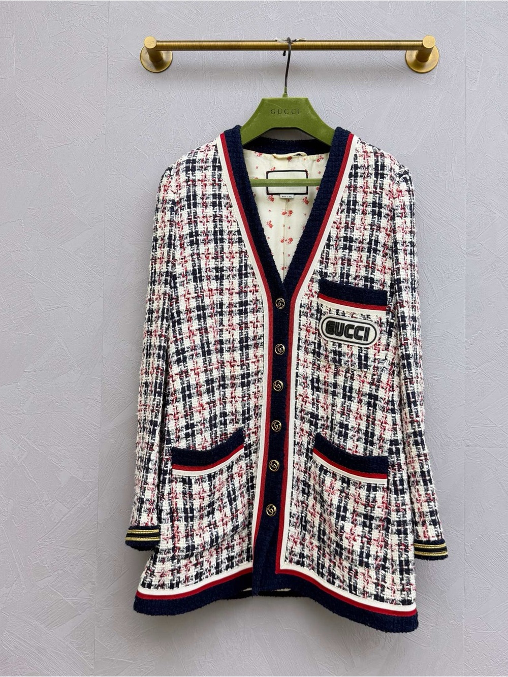Gucci Tweed V-Neck Cardigan Jacket in White, Navy, Red